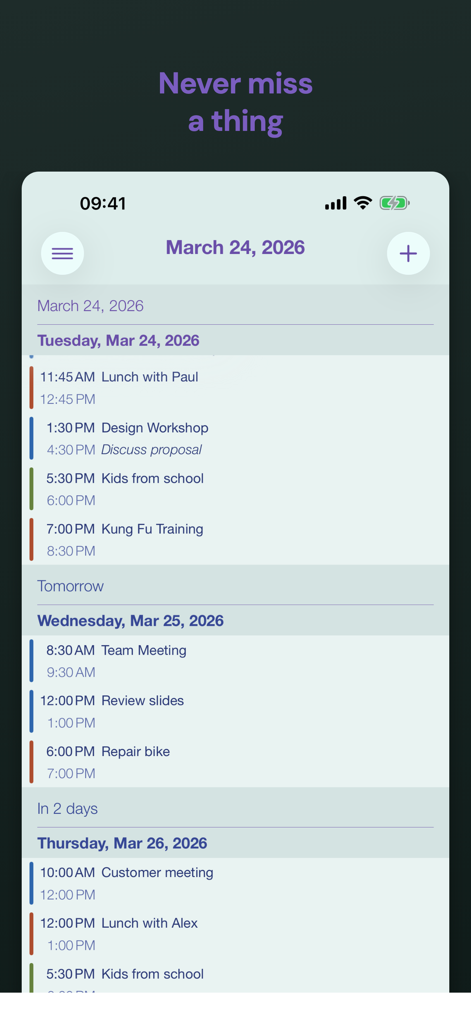 Appoint - Smart Calendar - Interfaz de la aplicación Appoint Smart Calendar que muestra una lista de eventos diarios y fechas relativas como mañana y en 2 días.