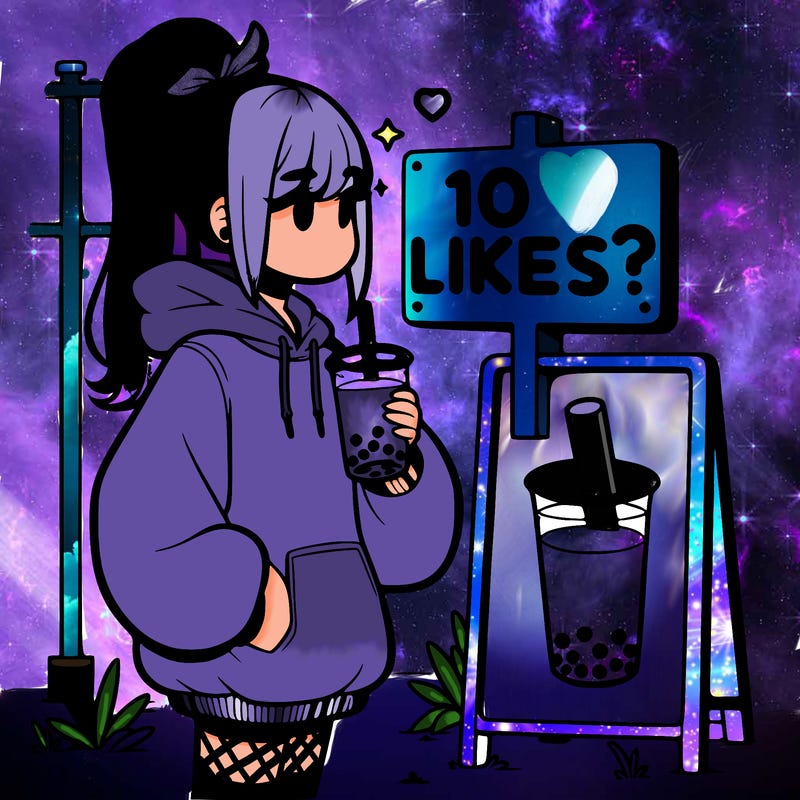 girl with oversized hoodie drinking boba and she has a high ponytail with a sign that says 10likes?
