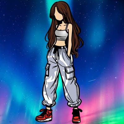 girl in baggy pants crop top and long hair