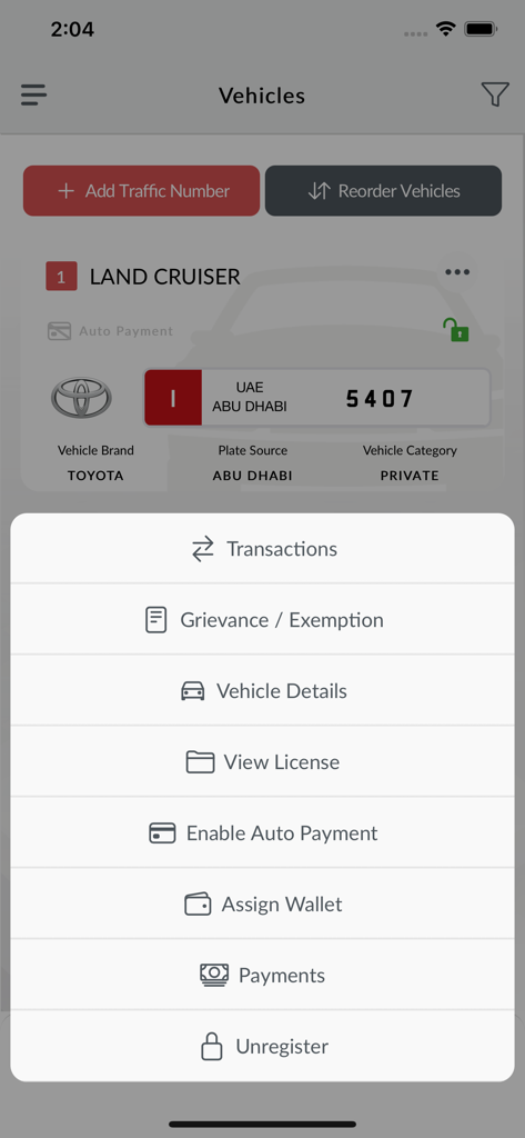 DARB app vehicle management menu showing options like transactions and payments
