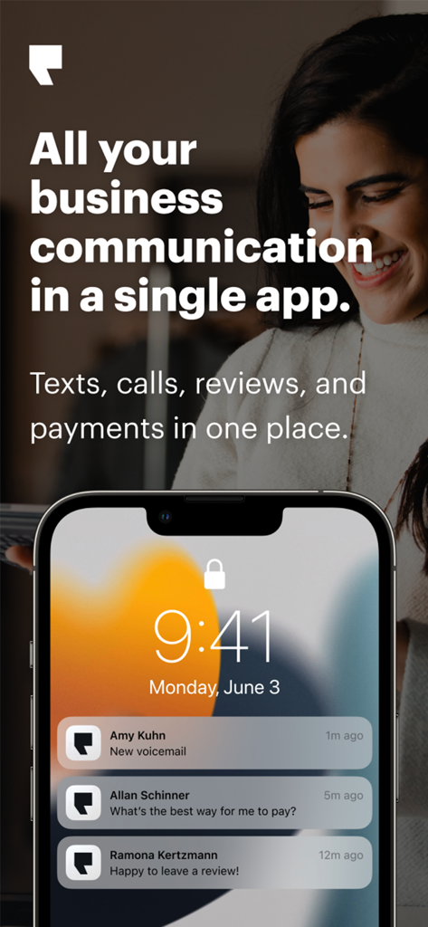 Podium - Small Business Tools - Smartphone screen displaying Podium app notifications for business voicemails, payments, and customer reviews