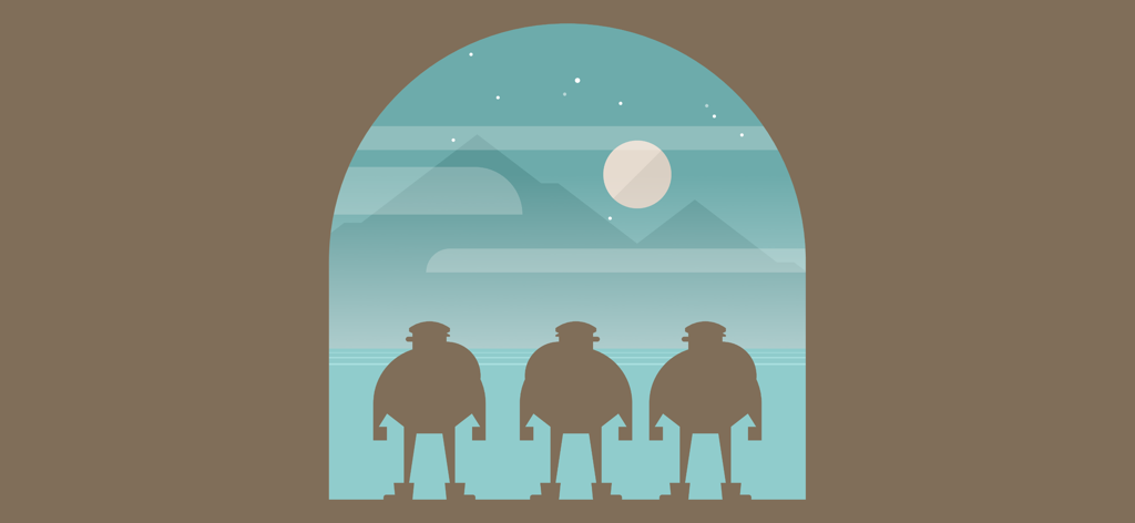 Burly Men at Sea - Three bearded fishermen standing under a moonlit sky in a minimalist art style.