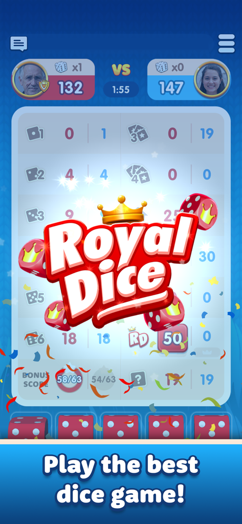 Royaldice: Dice with Everyone - A competitive match in Royaldice showing a scorecard and two players with their respective scores.