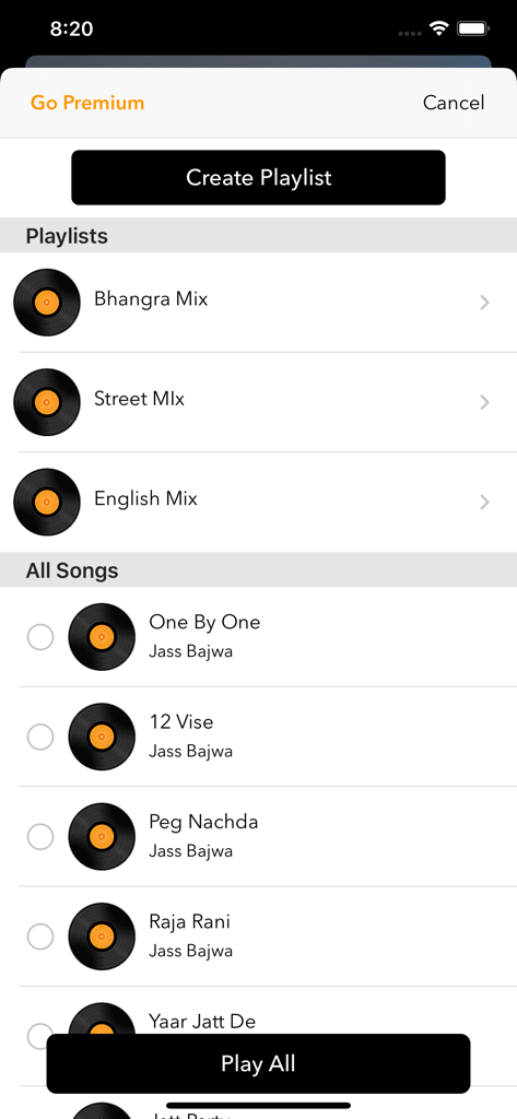 AutoMix DJ - AutoMix DJ mobile app interface showing music playlists like Bhangra Mix and English Mix with a create playlist button.