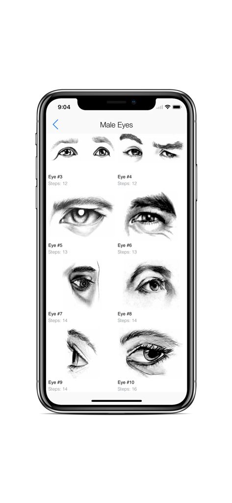 Draw Human Body - Hair Style - Grid of realistic male eye sketches with step-by-step drawing instructions.