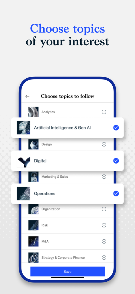 McKinsey Insights - McKinsey Insights app interface showing a list of business topics to follow such as AI, Digital, and Operations.