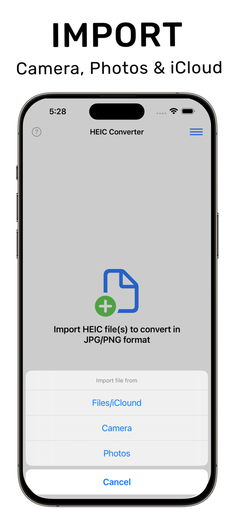 HEIC: JPG, PNG Converter - HEICコンバーターアプリのインターフェース。カメラ、写真、iCloudからファイルをインポートするオプションが表示されます。