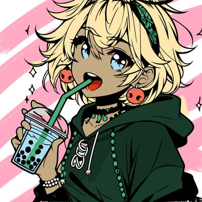 hot baddie anime girl drinking boba and biting the straw