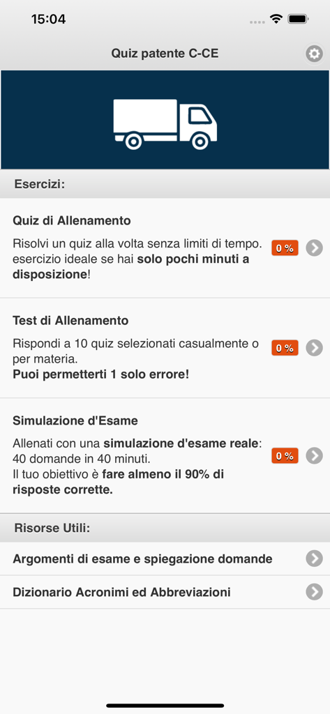 Schermata principale dell'app Quiz Patente C-CE 2026 che mostra diverse modalità di studio e simulazioni d'esame