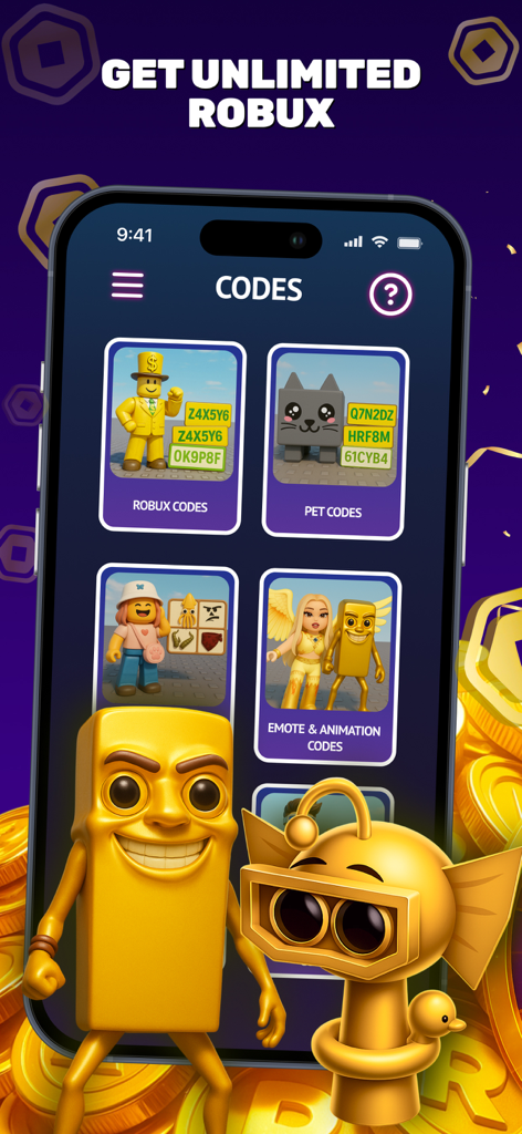 A smartphone display showing the RBLXPlus app codes menu with sections for Robux codes, pet codes, and emote codes surrounded by gold coins.
