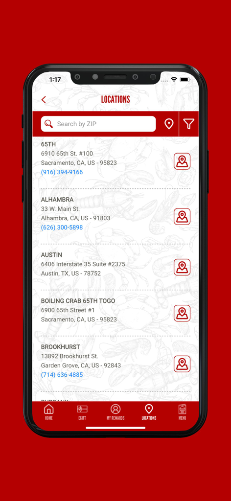 The Boiling Crab Rewards - The Boiling Crab Rewards app locations screen showing a list of restaurant addresses and phone numbers