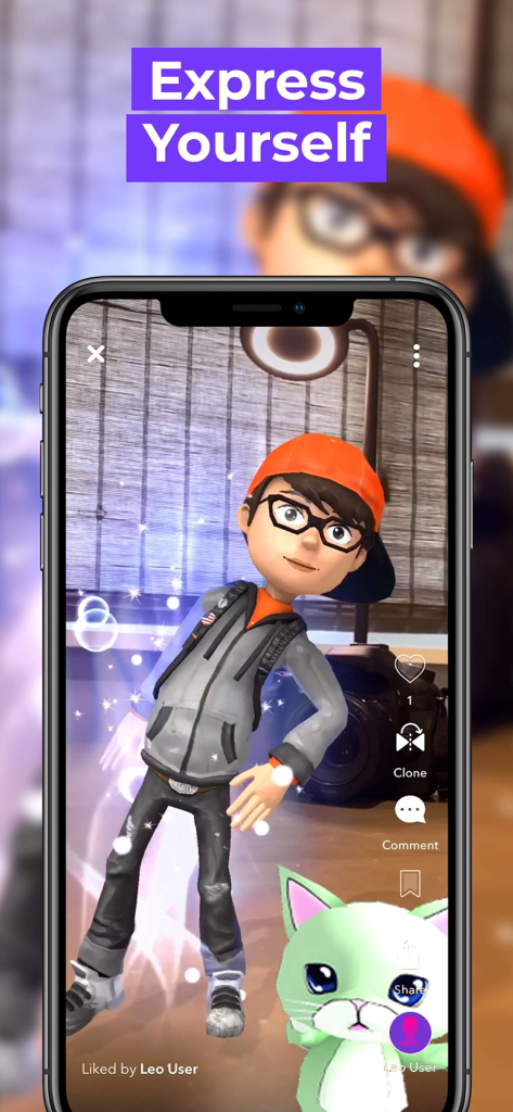 Leo AR Camera app screen showing a 3D boy avatar and a green cat in an augmented reality setting with the text Express Yourself