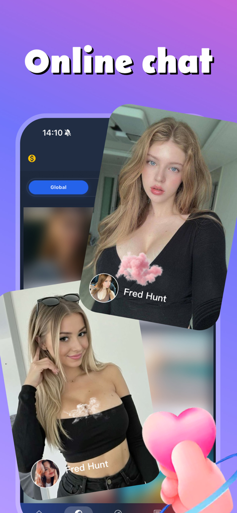 Tiok mobile app interface showing user profiles for online chat with a pink heart icon