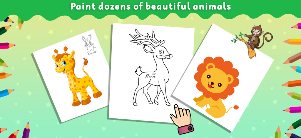 Animal Coloring Games for Kids - Páginas para colorear de animales para niños con una jirafa, un ciervo y un león
