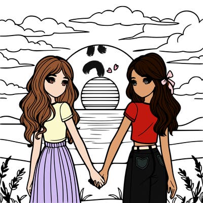 two realistic girls holding hands with a sunset in the background