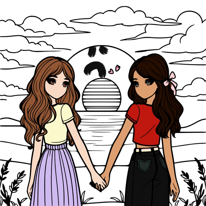 two realistic girls holding hands with a sunset in the background