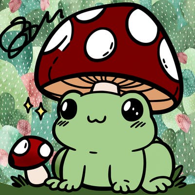 a cute frog with a mushroom hat