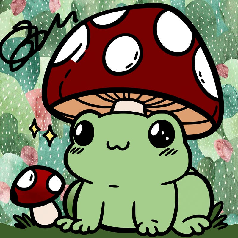 a cute frog with a mushroom hat