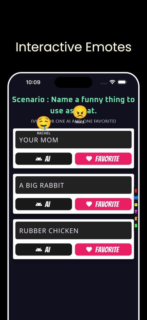 Party Ai - Party Ai mobile game interface showing interactive emotes and voting options for humorous player responses