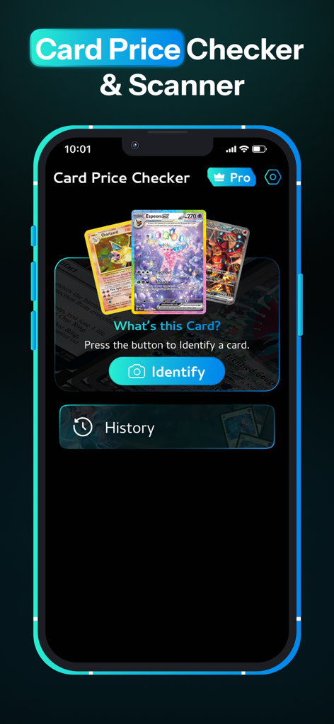 TCG Card Scanner app main screen with identify button and trading cards