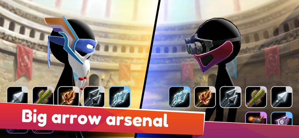 Archers Online: PvP - Two stickman archers in an arena displaying a variety of special arrows including ice fire and cactus types