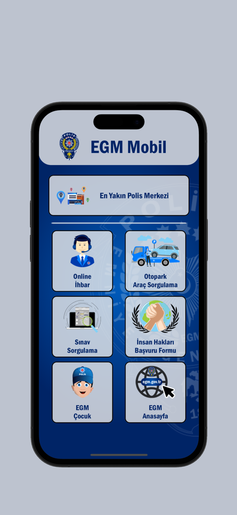 EGM Mobil - Menu principale dell'app EGM Mobil che mostra servizi come la segnalazione online e il localizzatore della stazione di polizia più vicina