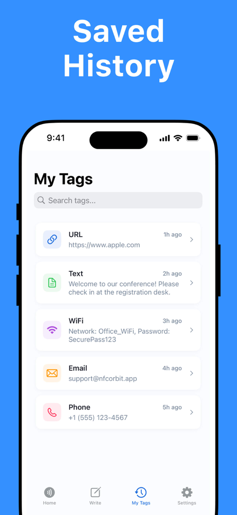 NFC Tools: Tag Writer, Reader - A smartphone screen showing a list of saved NFC tags including website links, text, and WiFi credentials in the history section of the NFC Tools app.