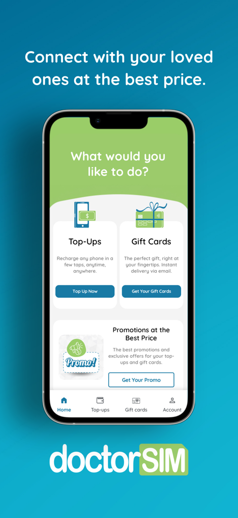 Mobile Recharges by doctorSIM - doctorSIM app home screen showing options for mobile top ups and gift cards