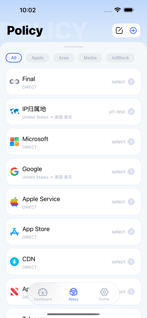 Loon - Loon app interface showing custom network routing policies for services like Google and Microsoft