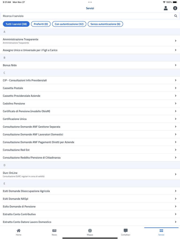 INPS mobile per Tablet - INPS 모바일 태블릿 앱 인터페이스에서 이탈리아 사회 보장 서비스 목록.