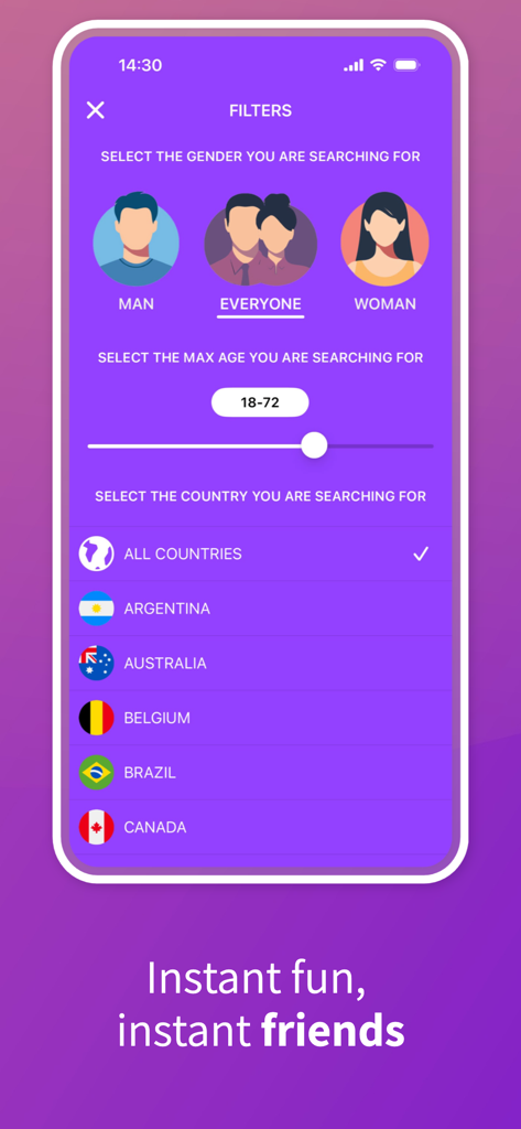 Zingy - Love at First Chat - A mobile app screen showing search filters for gender age and country with a purple background