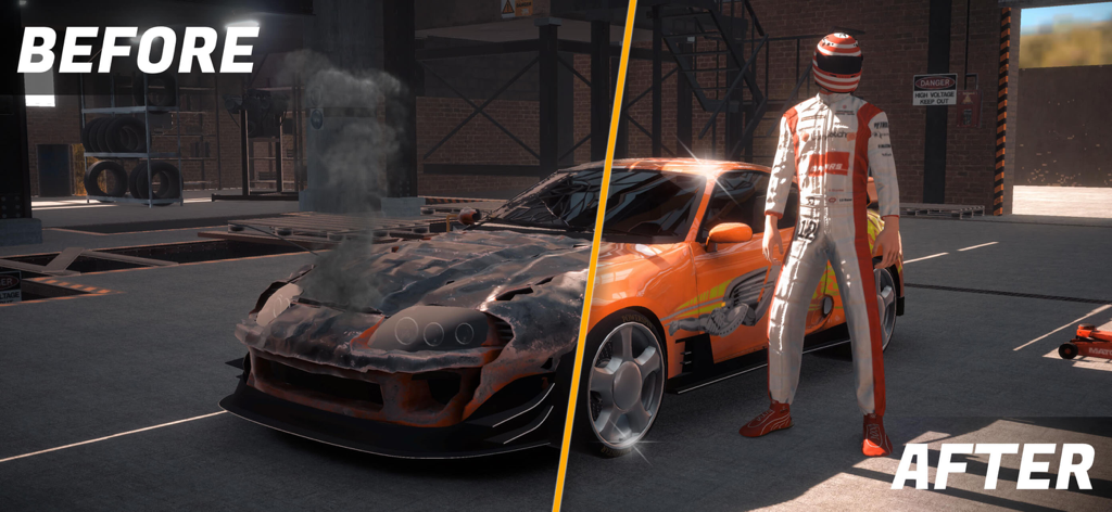 Before and after comparison showing a burnt car transformed into a shiny orange tuned sports car with a racing driver