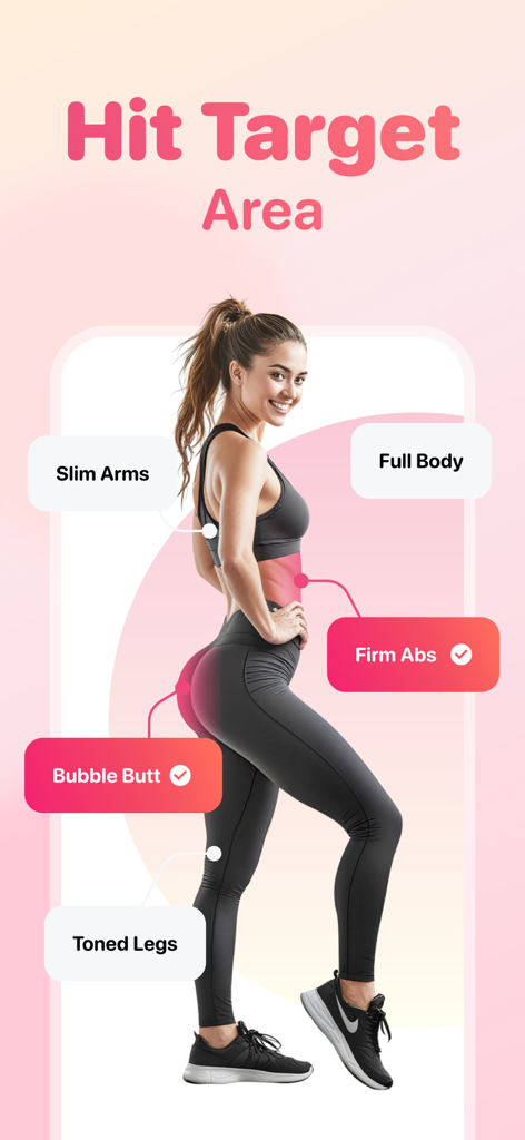 Wall Pilates at Home: FitPulse - Interfaccia dell'app FitPulse che mostra aree del corpo mirate all'allenamento come braccia, addominali e gambe su un modello fitness