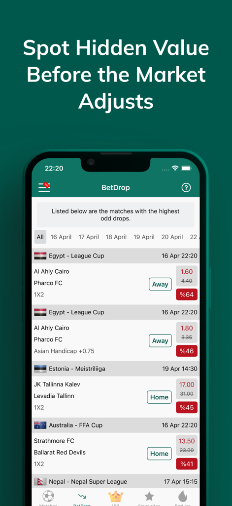 BetAnalysis app interface displaying soccer betting odd drops and match predictions.