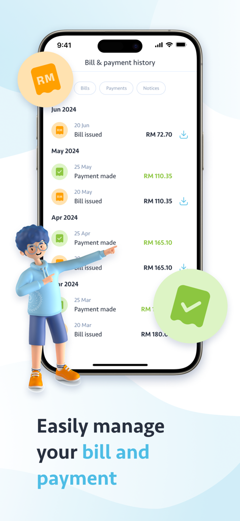Air Selangor 2.0 App-Bildschirm mit einer Liste ausgestellter Rechnungen und erfolgter Zahlungen für Wasserversorgungsdienste