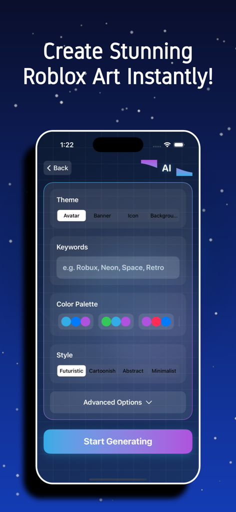 Interface for creating AI-generated Roblox art with custom styles and keywords.