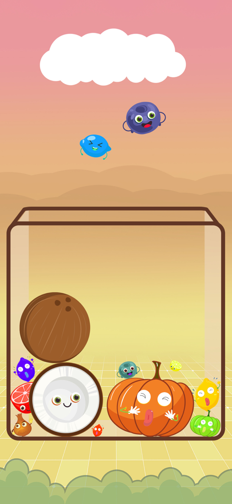 Watermelon Game: Fruits Merge - Una escena de juego de Watermelon Game Fruits Merge mostrando lindas frutas con caras en un contenedor