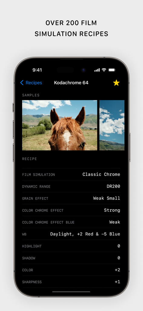 후지 X 주간 앱의 스크린샷으로 후지필름 카메라용 코다크롬 64 필름 시뮬레이션 레시피 설정이 표시됩니다.