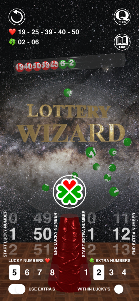Lottery Wizard 3D - Interfaz de la aplicación móvil Lottery Wizard 3D que presenta una máquina de lotería mecánica en 3D con bolas rebotando sobre un fondo de galaxia estrellada.