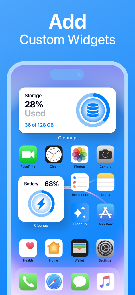 Widgets de almacenamiento y batería de la aplicación Cleanup en la pantalla de inicio del iPhone.