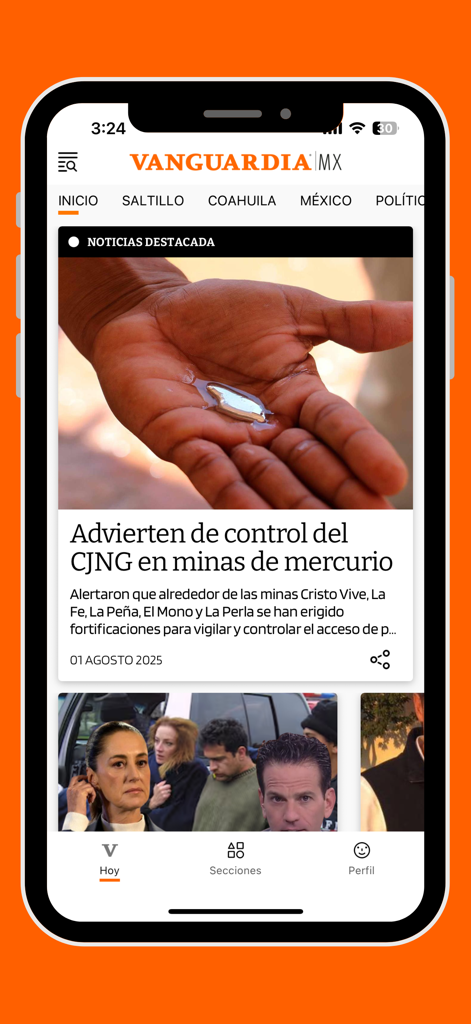 Interfaz de la aplicación de noticias Vanguardia de México mostrando titulares regionales y nacionales.
