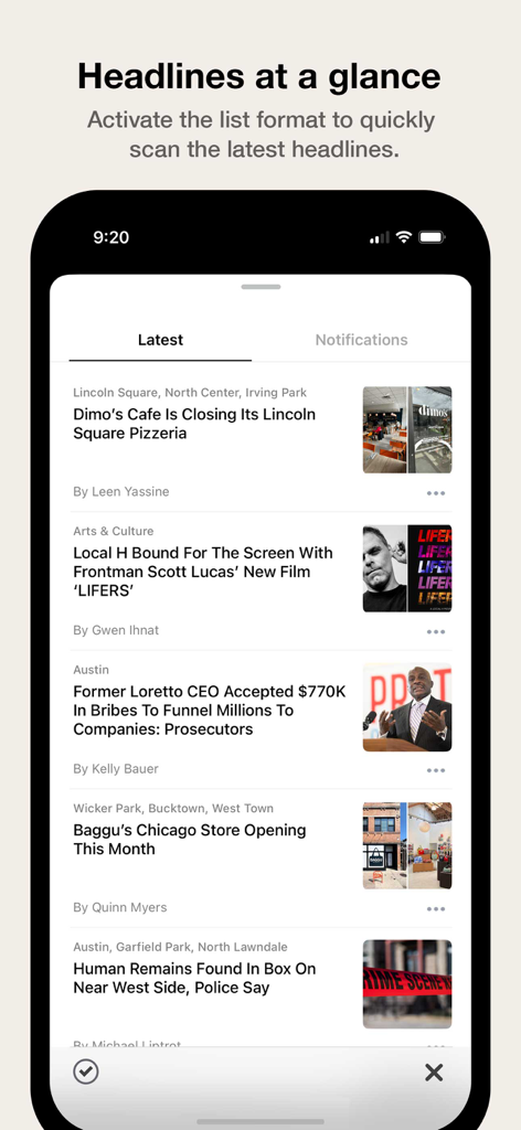 Block Club Chicago app interface showing latest local news headlines in a list format