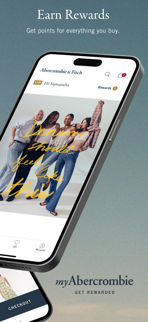 Abercrombie & Fitch - Abercrombie and Fitch mobile app interface showing the myAbercrombie rewards program and denim fashion products