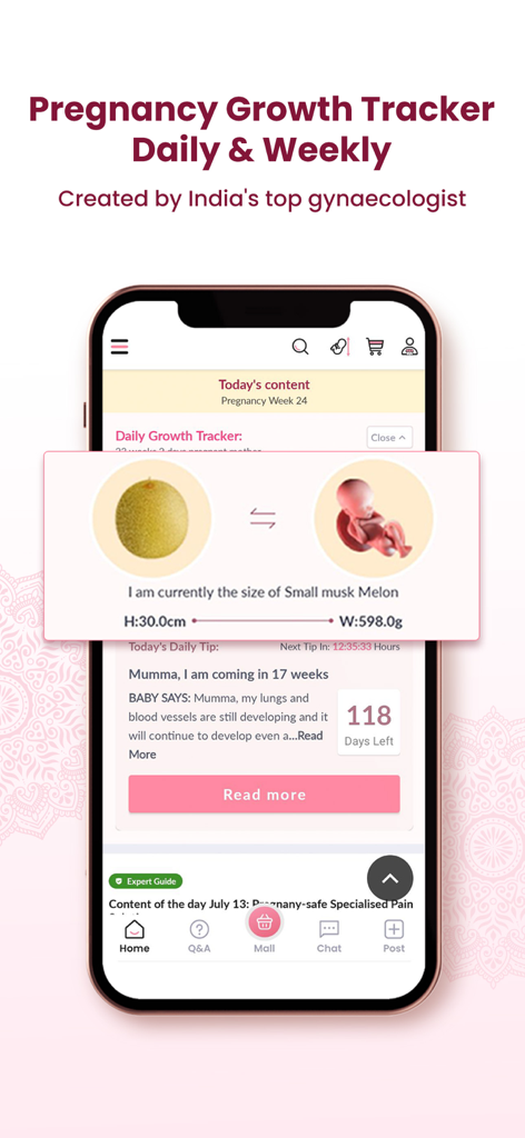Healofy -Pregnancy & Parenting - Healofy app screen displaying daily and weekly pregnancy growth tracker with fetus size comparison