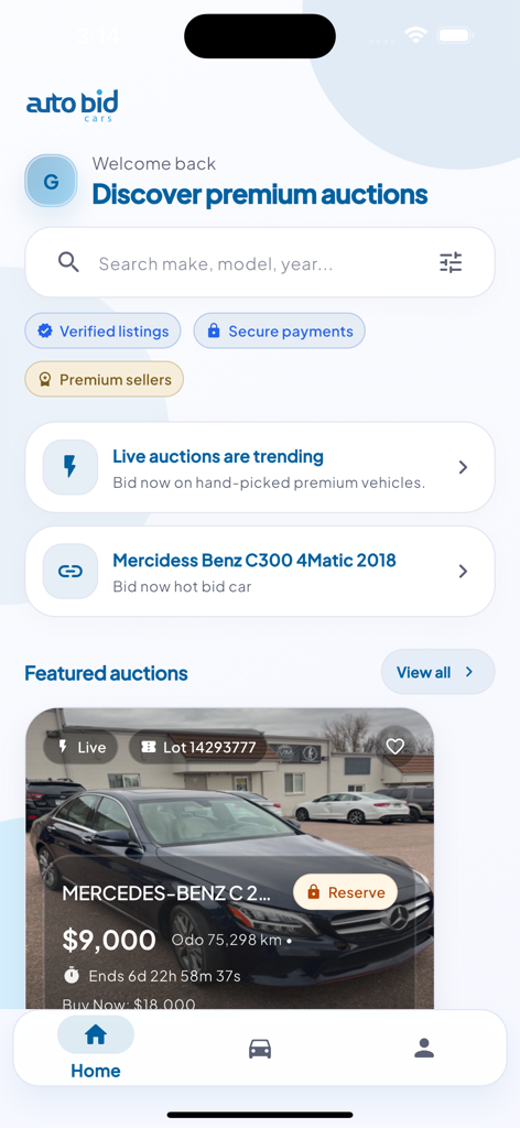 AutoBid Cars - Home screen of AutoBid Cars mobile app showing premium vehicle auctions