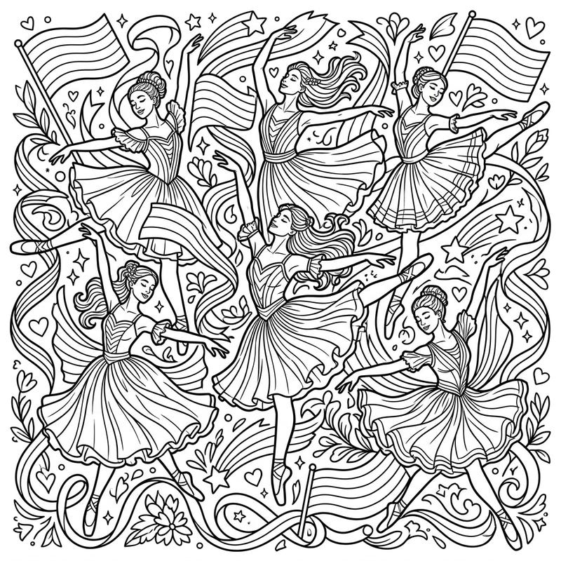 Immerse yourself in the graceful world of ballet intertwined with the vibrant spirit of Pride Month. This exquisite coloring page features elegant dancers surrounded by symbols of love and diversity, ready for your creative touch.