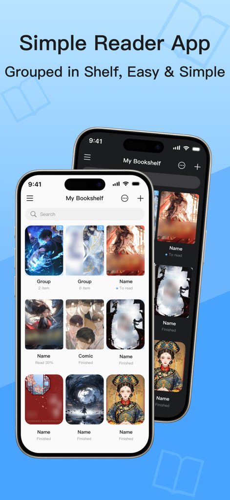 KRed Reader mobile app showing an organized digital bookshelf with manga and book covers on a minimalist interface.