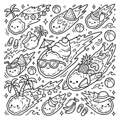 Dive into a universe of fun with our Kuiper Belt Comets Summer Vacation coloring page, where celestial bodies get a tropical makeover. This delightful scene is packed with adorable comets enjoying ice cream, surfing, and relaxing under palm trees, perfect for a sunny day of creativity.