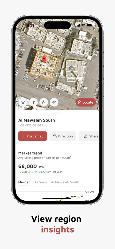Oman Real - Oman Real app interface showing a satellite map view of a property plot with market price trends and region insights.