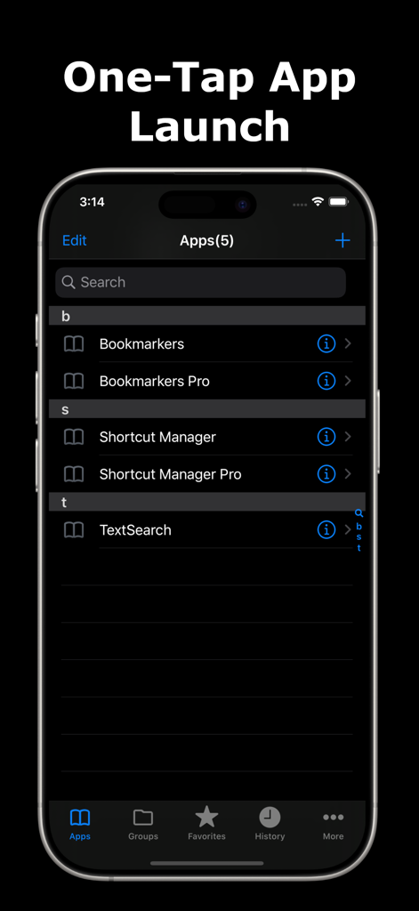 Screenshot of Shortcut Manager Pro showing the one tap app launch interface with a list of shortcuts